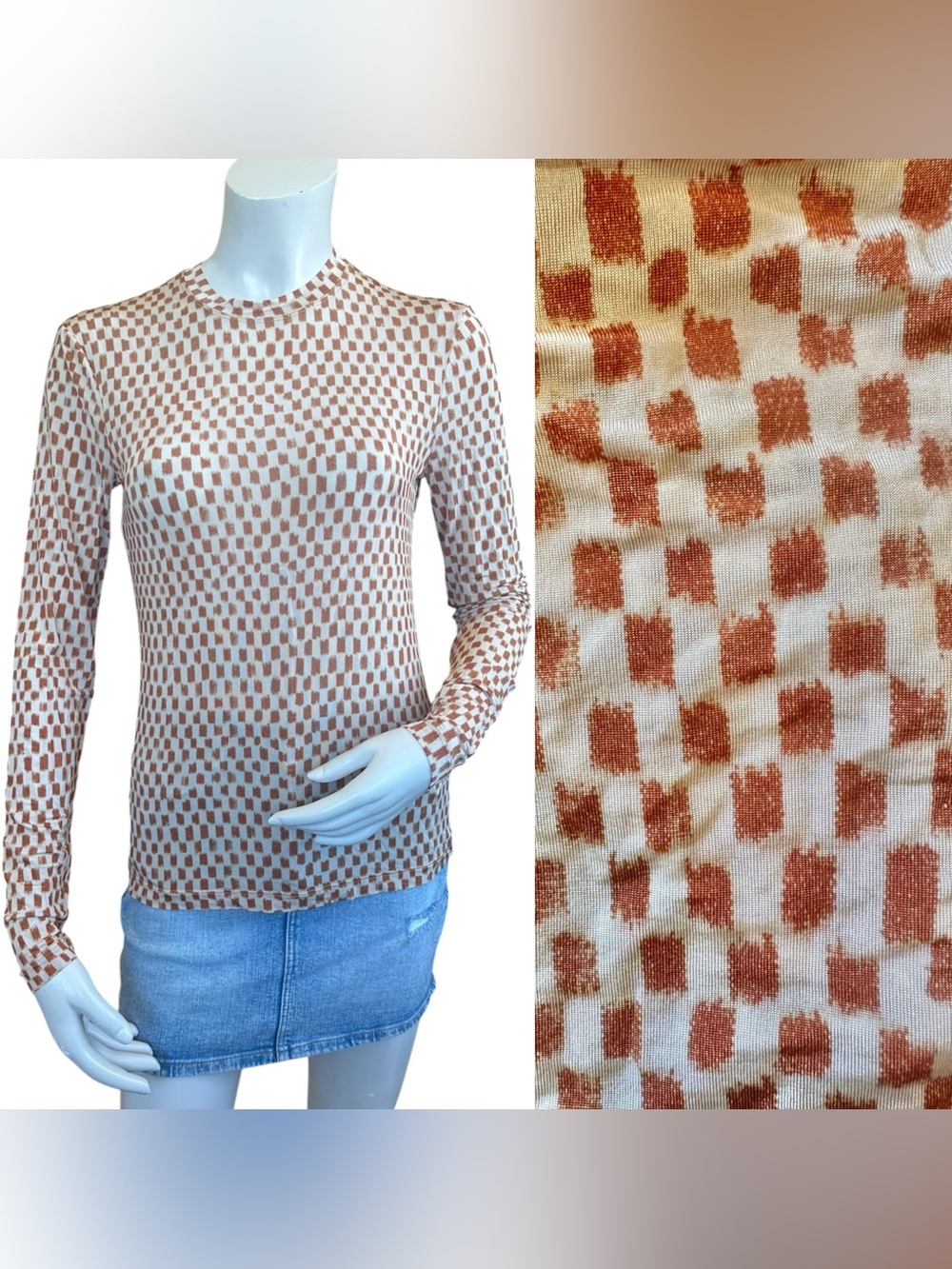 Ulla Johnson Beige Burnt Orange Abstract Checkerboard Thin Mockneck LS Top Small